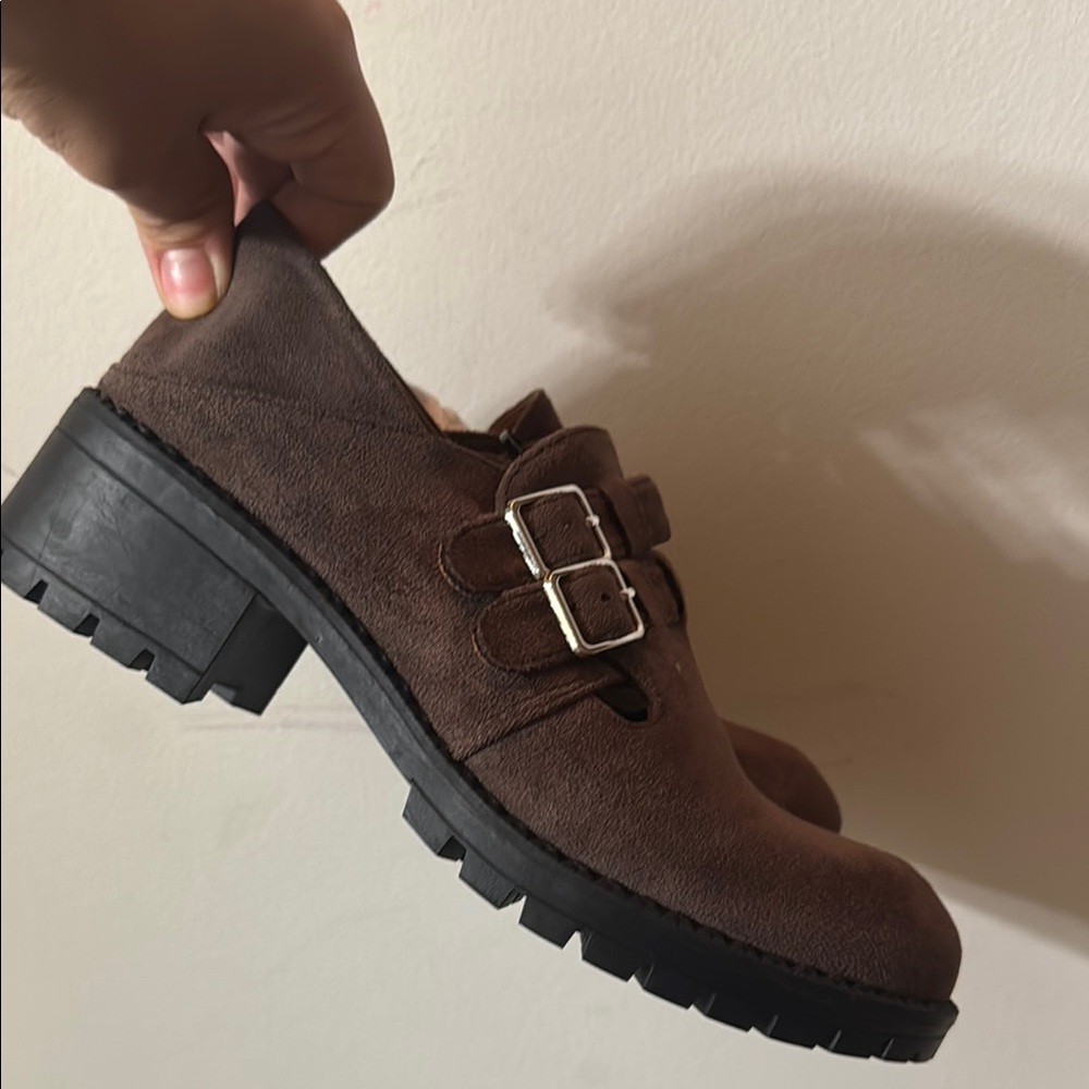 Brown and Black Suede Mules with Chunky Heel